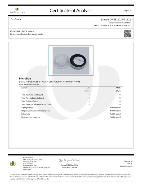 THCA Isolate Microbials Certificate of Analysis
