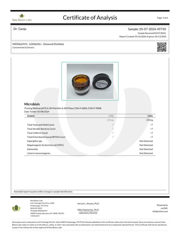 Diamond Distillate Microbials Certificate of Analysis