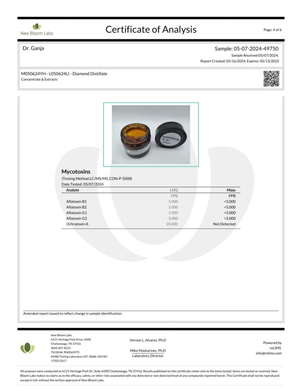 Diamond Distillate Mycotoxins Certificate of Analysis