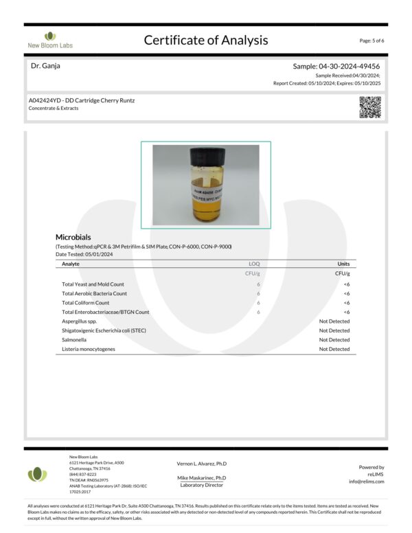 Diamond Distillate Cartridge Cherry Runtz Microbials Certificate of Analysis