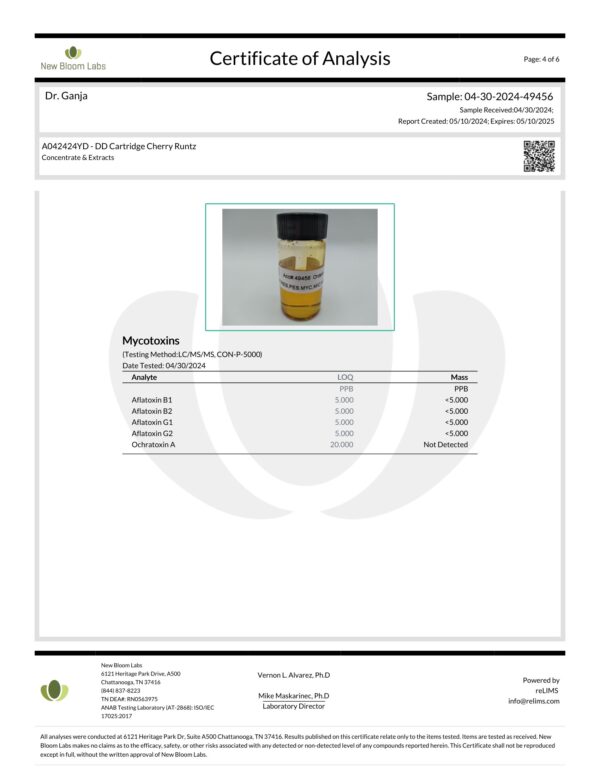 Diamond Distillate Cartridge Cherry Runtz Mycotoxins Certificate of Analysis