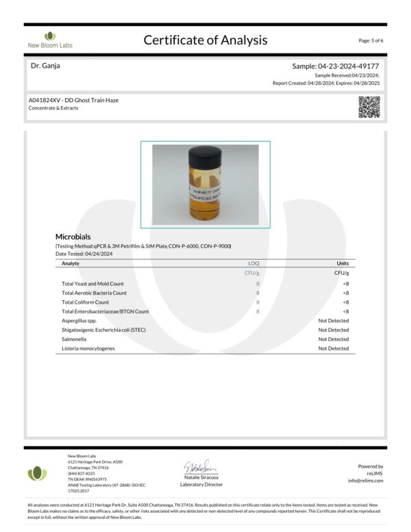 Diamond Distillate Cartridge Ghost Train Haze Microbials Certificate of Analysis