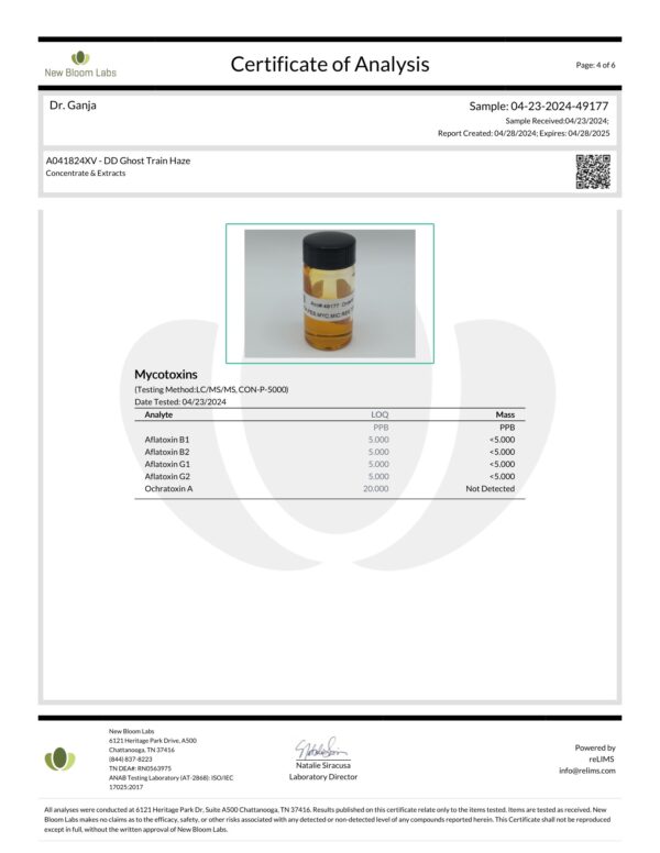 Diamond Distillate Cartridge Ghost Train Haze Mycotoxins Certificate of Analysis