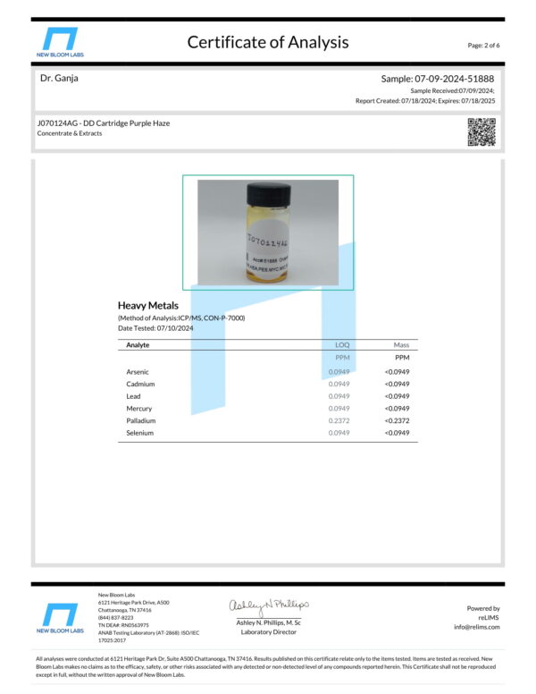 Diamond Distillate Cartridge Purple Haze Heavy Metals Certificate of Analysis