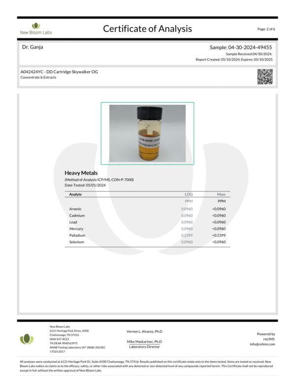 Diamond Distillate Cartridge Skywalker OG Heavy Metals Certificate of Analysis