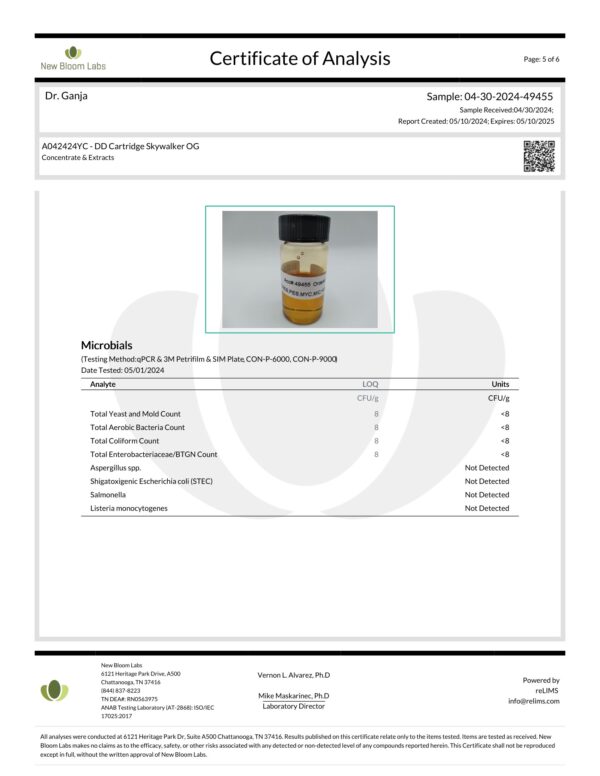 Diamond Distillate Cartridge Skywalker OG Microbials Certificate of Analysis