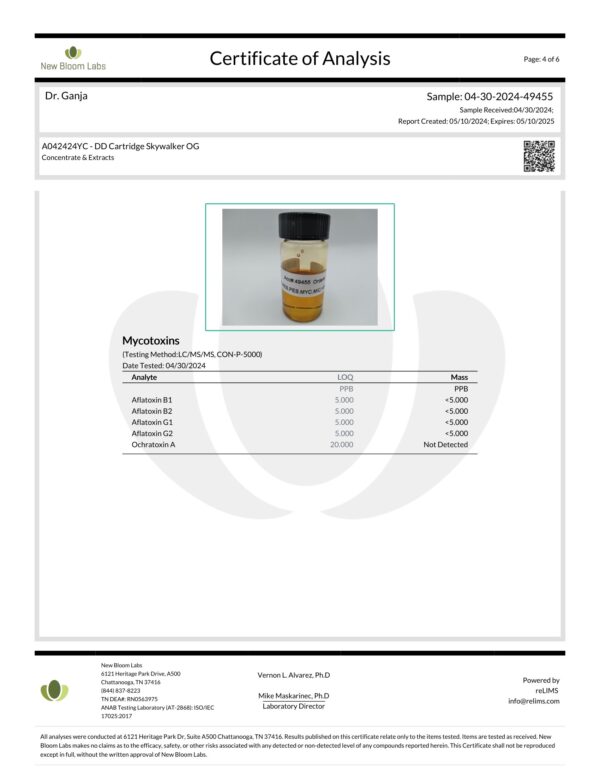 Diamond Distillate Cartridge Skywalker OG Mycotoxins Certificate of Analysis