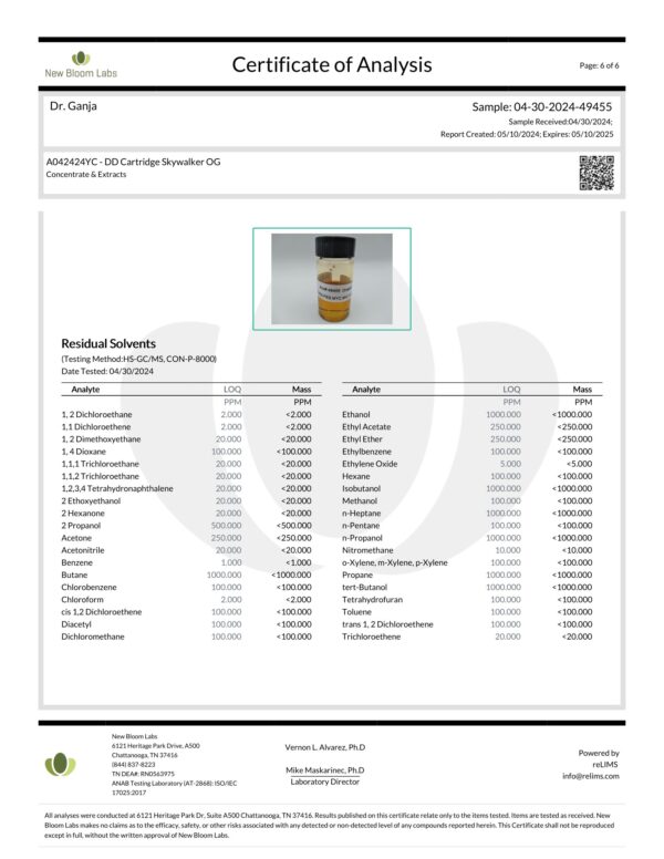 Diamond Distillate Cartridge Skywalker OG Residual Solvents Certificate of Analysis