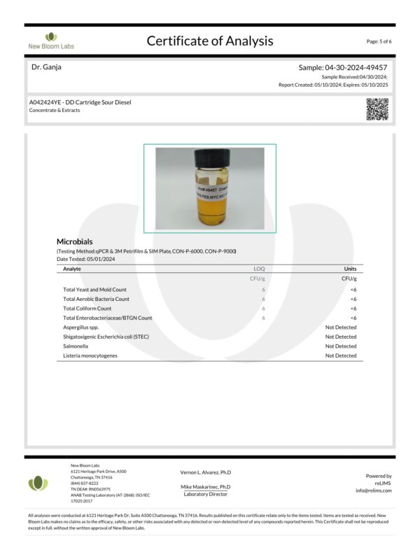 Diamond Distillate Cartridge Sour Diesel Microbials Certificate of Analysis
