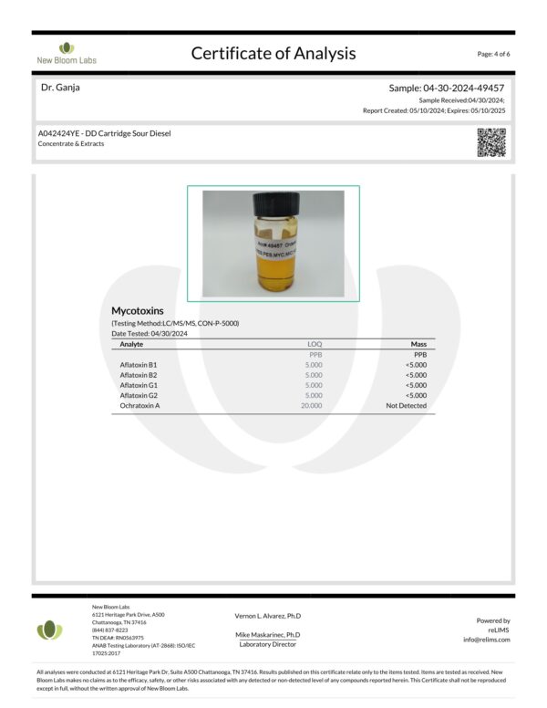 Diamond Distillate Cartridge Sour Diesel Mycotoxins Certificate of Analysis