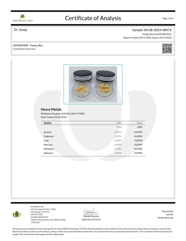 Honey Bee Crumble Heavy Metals Certificate of Analysis