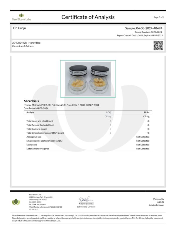 Honey Bee Crumble Microbials Certificate of Analysis