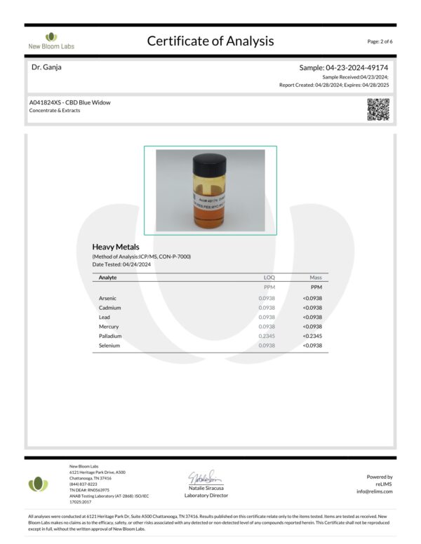 CBD Cartridge Blue Widow Heavy Metals Certificate of Analysis