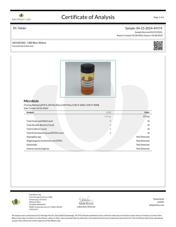 CBD Cartridge Blue Widow Microbials Certificate of Analysis