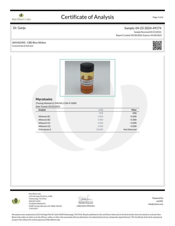 CBD Cartridge Blue Widow Mycotoxins Certificate of Analysis