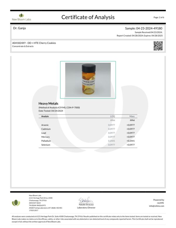 Diamond Distillate + HTE Cartridge Cherry Cookies Heavy Metals Certificate of Analysis