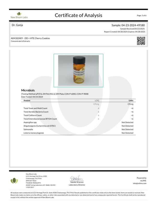 Diamond Distillate + HTE Cartridge Cherry Cookies Microbials Certificate of Analysis