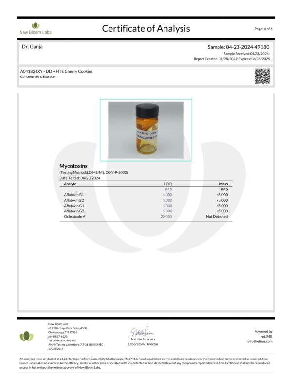 Diamond Distillate + HTE Cartridge Cherry Cookies Mycotoxins Certificate of Analysis