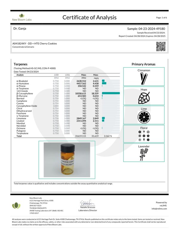 Diamond Distillate + HTE Cartridge Cherry Cookies Terpenes Certificate of Analysis