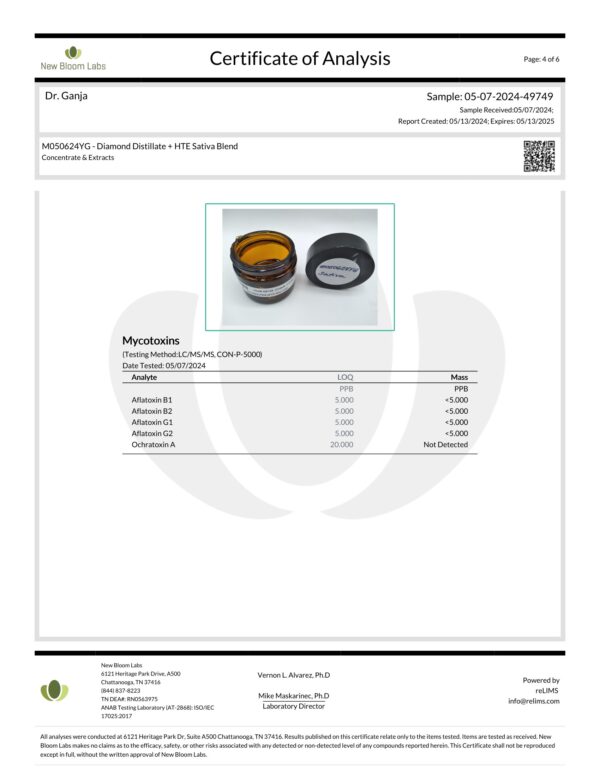 Diamond Distillate + HTE Sativa Blend Mycotoxins Certificate of Analysis