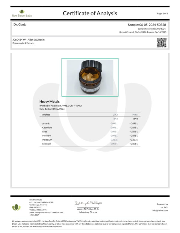 Alien OG Rosin Heavy Metals Certificate of Analysis