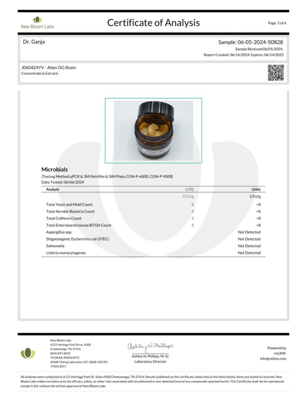 Alien OG Rosin Microbials Certificate of Analysis