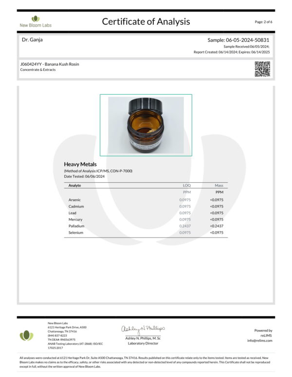 Banana Kush Rosin Heavy Metals Certificate of Analysis