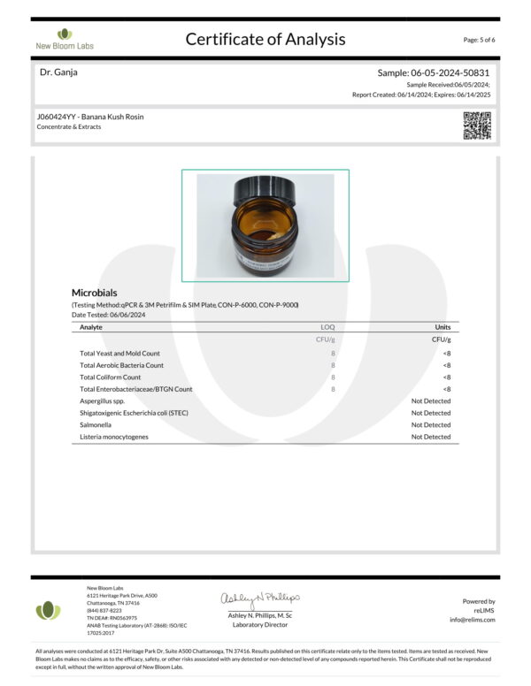 Banana Kush Rosin Microbials Certificate of Analysis