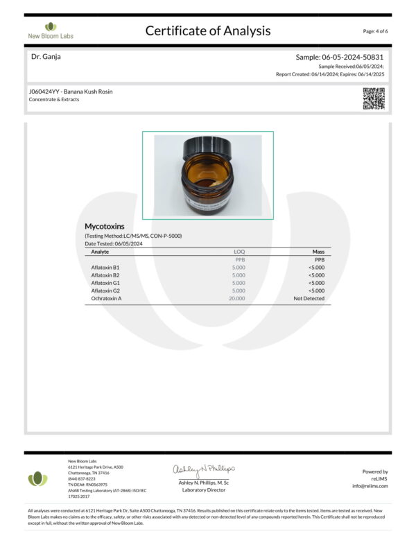 Banana Kush Rosin Mycotoxins Certificate of Analysis