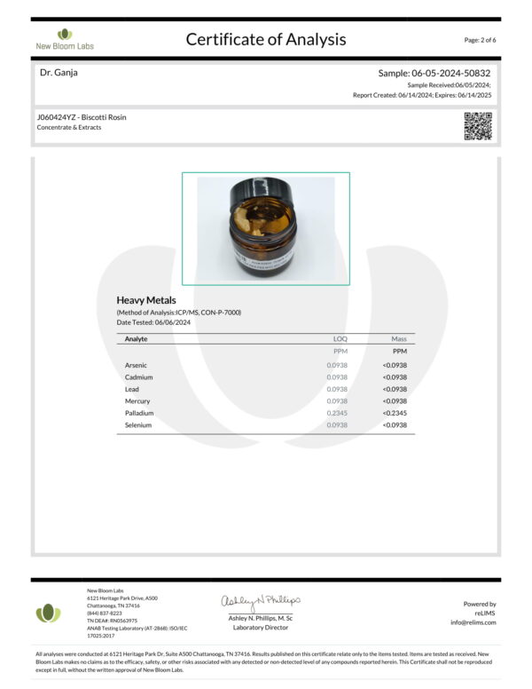 Biscotti Rosin Heavy Metals Certificate of Analysis