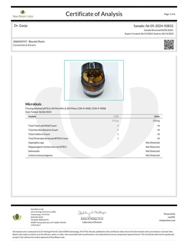 Biscotti Rosin Microbials Certificate of Analysis