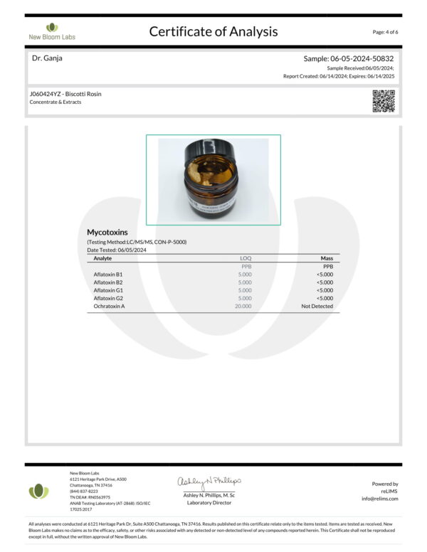 Biscotti Rosin Mycotoxins Certificate of Analysis