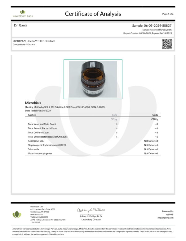 Delta 9 THCP Distillate Microbials Certificate of Analysis