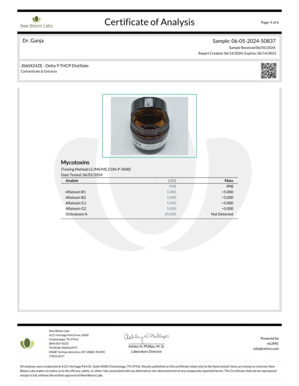 Delta 9 THCP Distillate Mycotoxins Certificate of Analysis