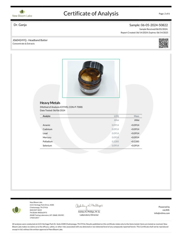 Headband Batter Heavy Metals Certificate of Analysis