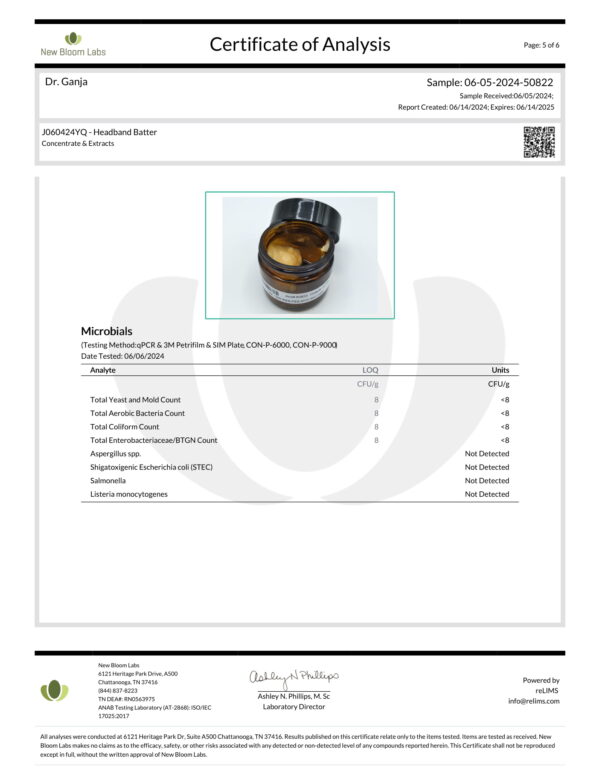 Headband Batter Microbials Certificate of Analysis