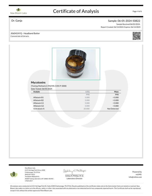 Headband Batter Mycotoxins Certificate of Analysis