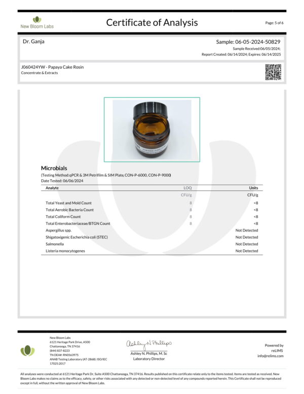 Papaya Cake Rosin Microbials Certificate of Analysis