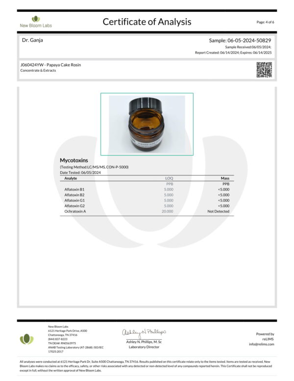 Papaya Cake Rosin Mycotoxins Certificate of Analysis