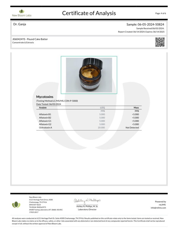 Pound Cake Batter Mycotoxins Certificate of Analysis