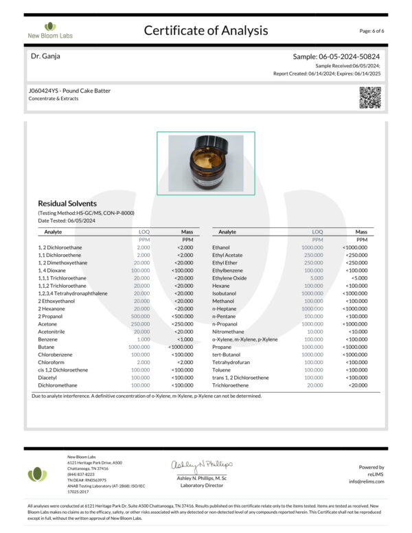 Pound Cake Batter Residual Solvents Certificate of Analysis
