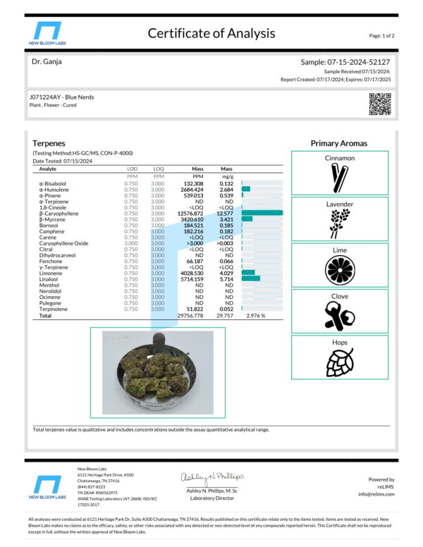 Blue Nerds Terpenes Certificate of Analysis