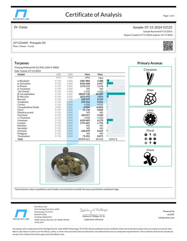 Pineapple OG Terpenes Certificate of Analysis