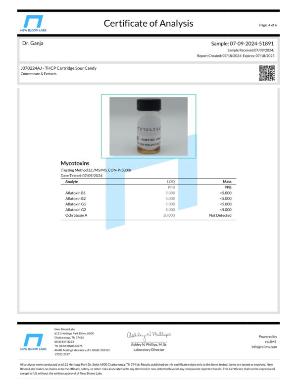 THCP Cartridge Sour Candy Mycotoxins Certificate of Analysis