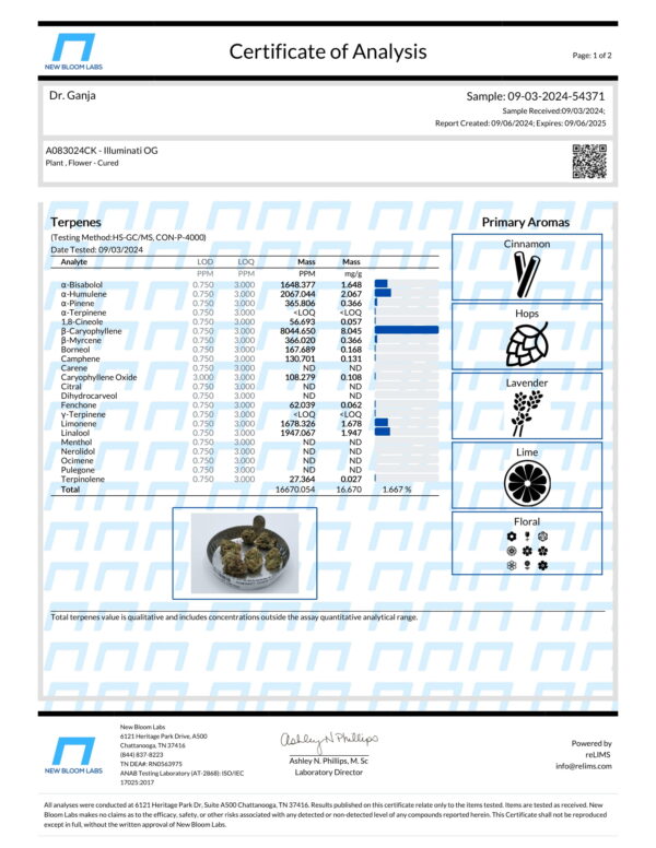Illuminati OG Terpenes Certificate of Analysis