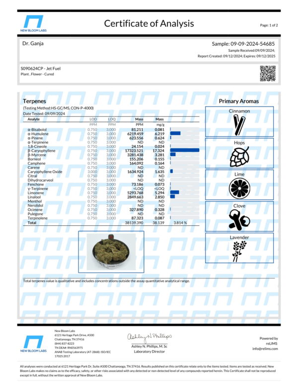 Jet Fuel Terpenes Certificate of Analysis