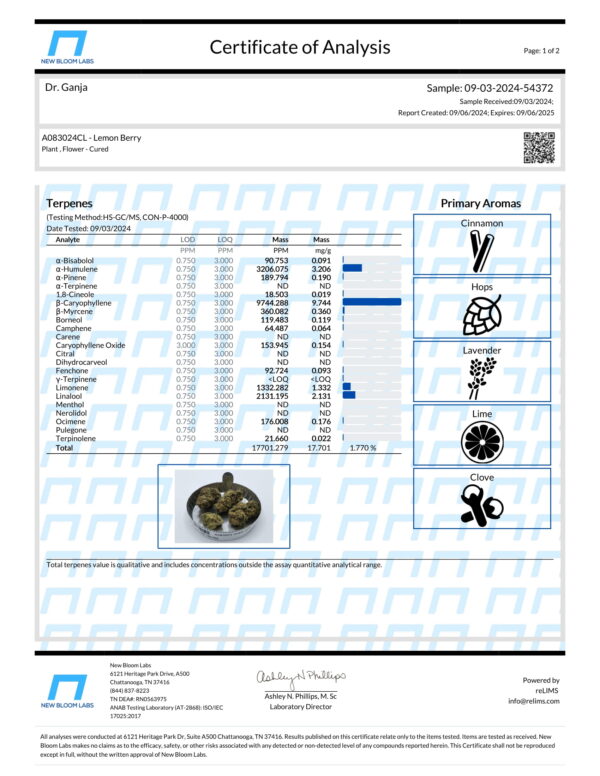 Lemon Berry Terpenes Certificate of Analysis